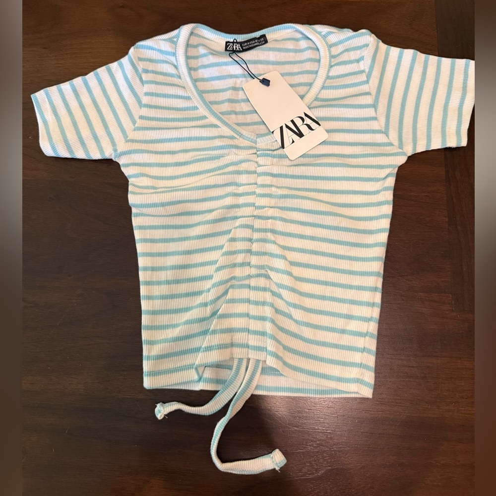 NWT Zara Ruched Tie Front Crop Top, Light Blue/White Stripe, Size Medium